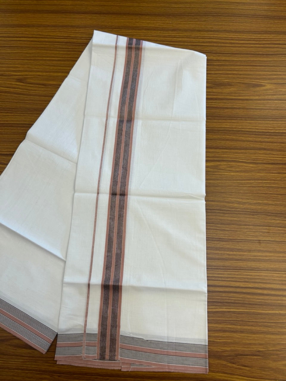 19% Discount!! KaithariKada Balaramapuram 100% Cotton Single Pure White Mundu/Dhoti - 100X80 - 1.5 inch Silver Kasav Black & Dusty Peach Stripes kara 1.90 mtr (4 muzham) - 22 KK5282 PMC