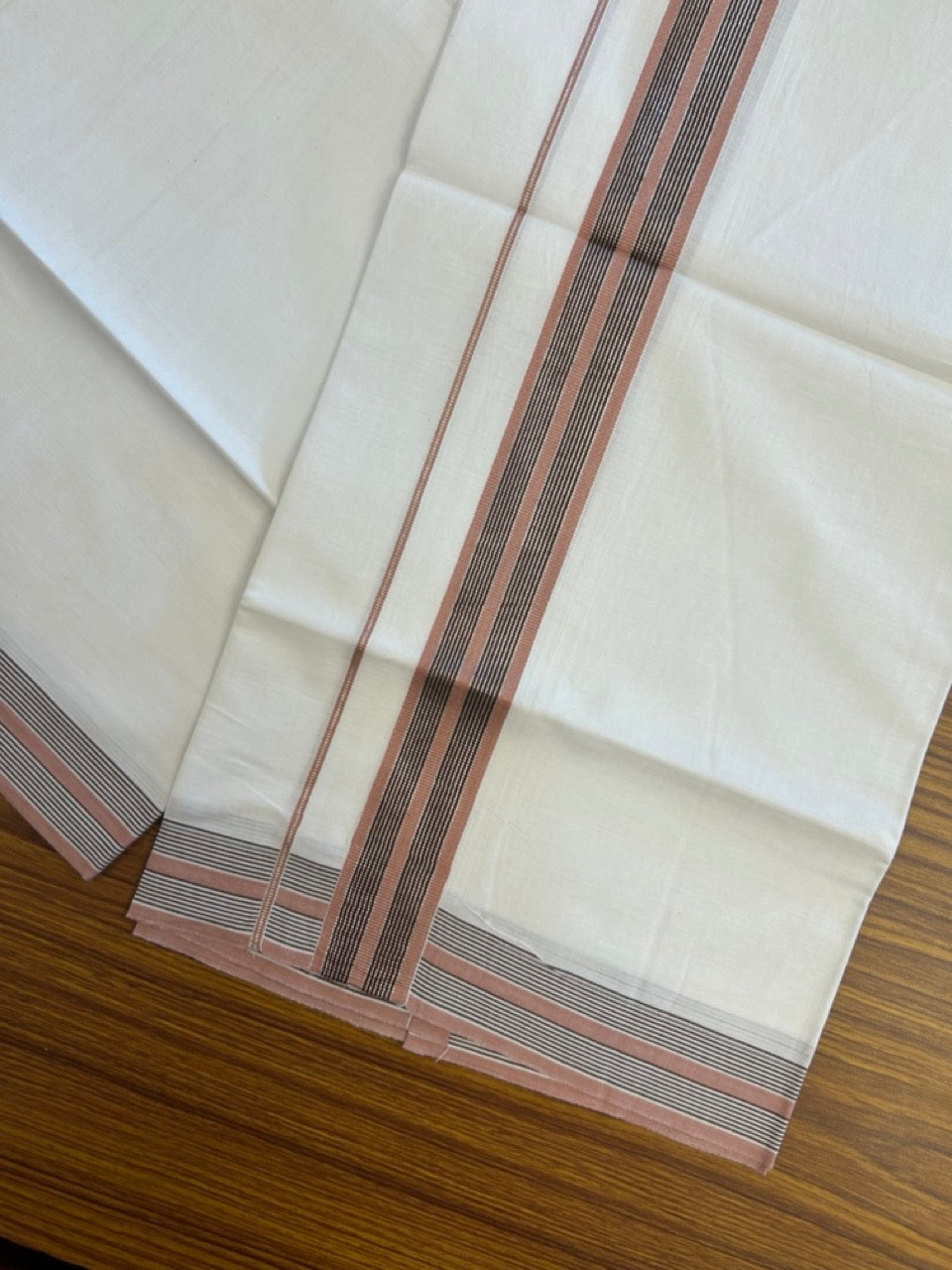 19% Discount!! KaithariKada Balaramapuram 100% Cotton Single Pure White Mundu/Dhoti - 100X80 - 1.5 inch Silver Kasav Black & Dusty Peach Stripes kara 1.90 mtr (4 muzham) - 22 KK5282 PMC