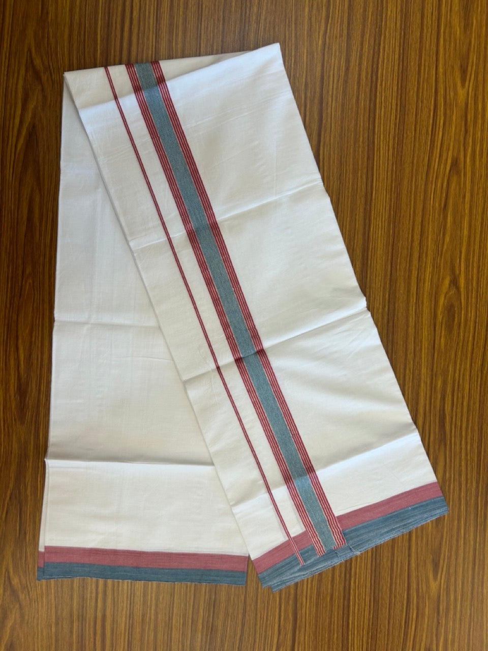 16% Discount!! KaithariKada Balaramapuram 100% Cotton Single Pure White Mundu/Dhoti - 100X80 - 1.5 inch Silver Kasav Teal Green & Red Stripes kara 1.90 mtr (4 muzham) - 33 KK5282 PMC