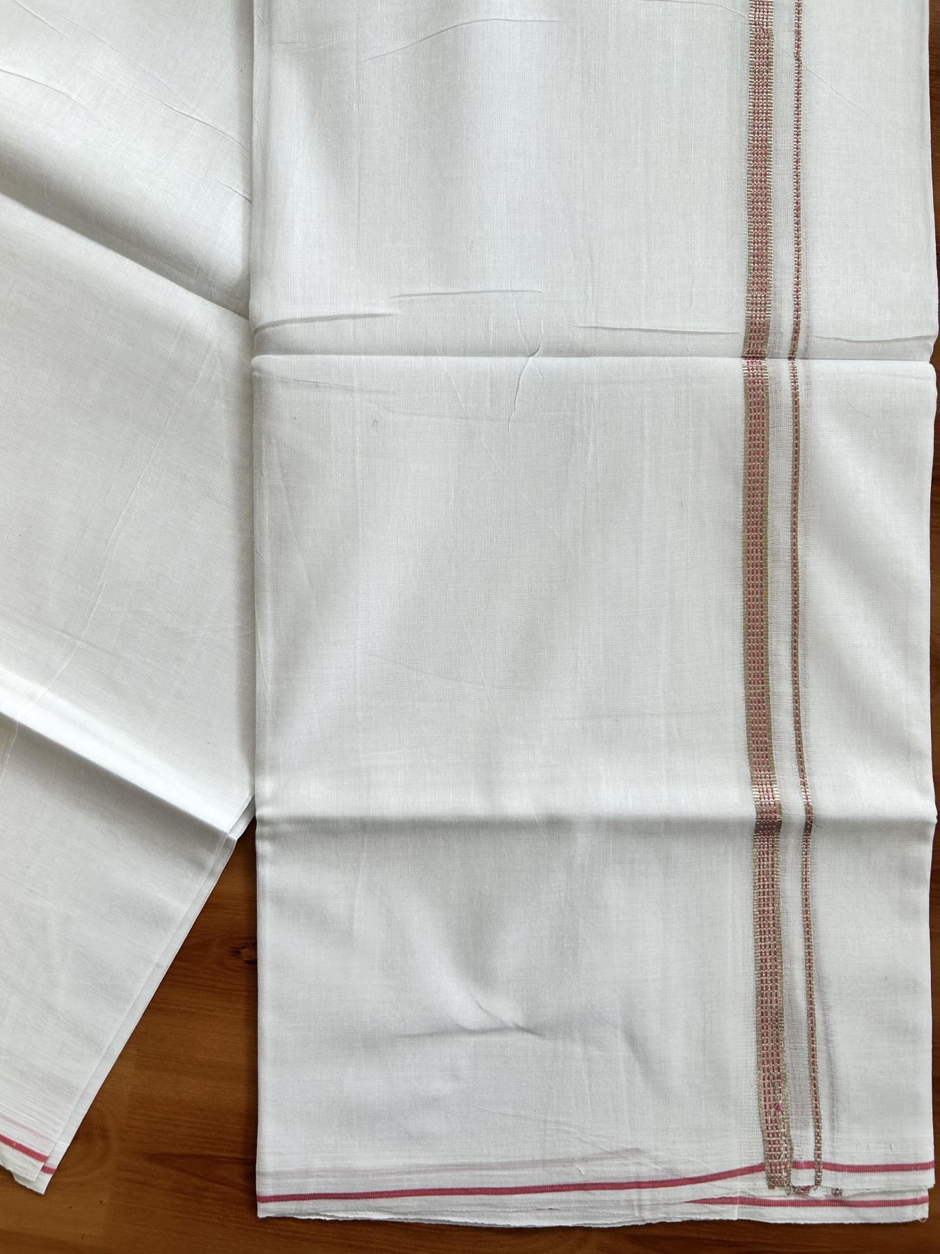 Double Pure White Mundu/Dothi - 20% Discount!! Kaitharikada Balaramapuram Pure Cotton 100x80 - 0.5 cm Silver Kasav & Pink Design Kara - 3.90 mtr (8 muzham) - 43 KK5416 GAN