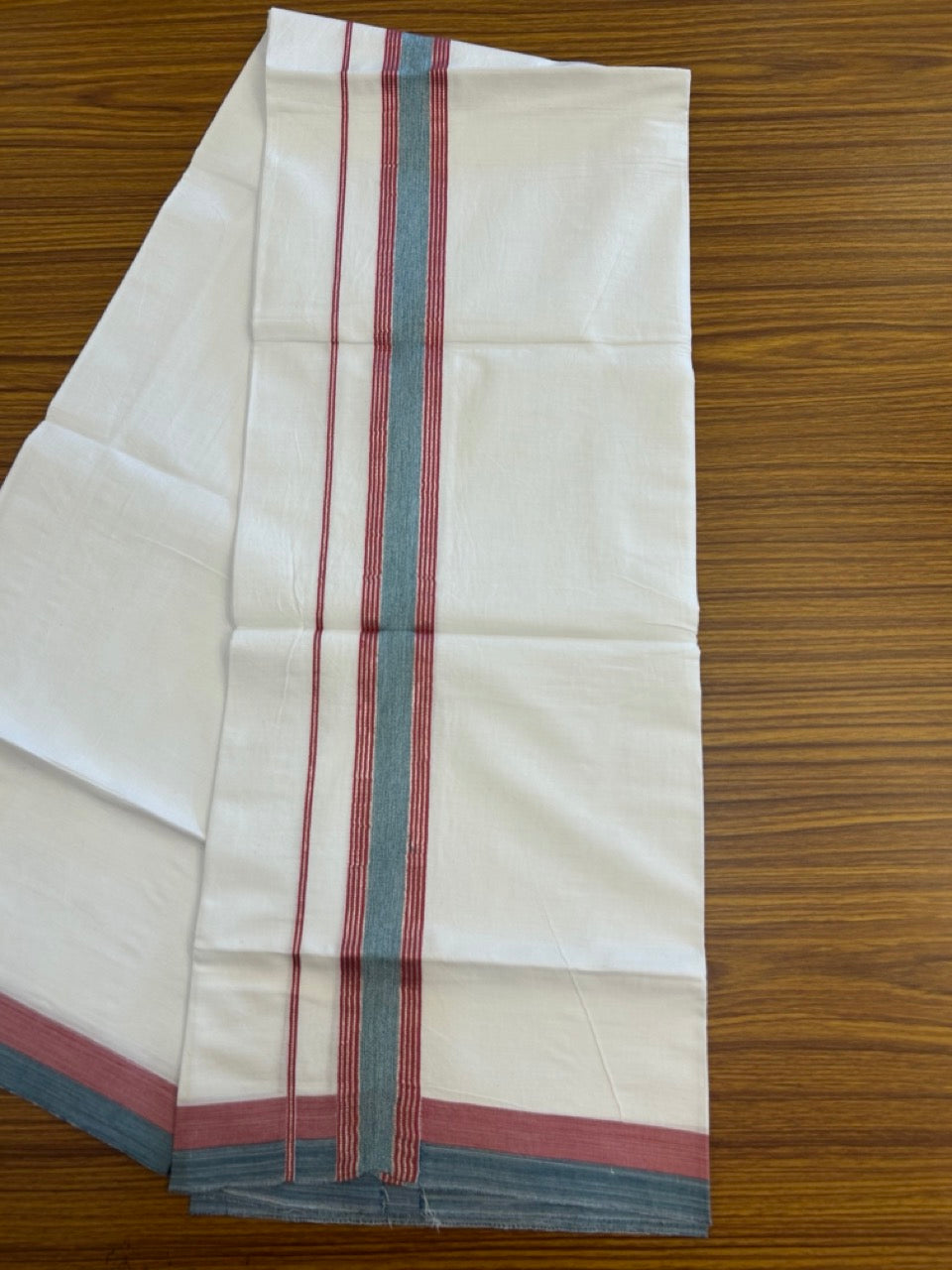 16% Discount!! KaithariKada Balaramapuram 100% Cotton Single Pure White Mundu/Dhoti - 100X80 - 1.5 inch Silver Kasav Teal Green & Red Stripes kara 1.90 mtr (4 muzham) - 33 KK5282 PMC
