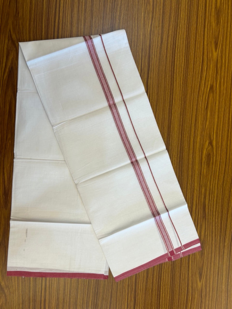 5% Discount!! KaithariKada Balaramapuram 100% Cotton Single Pure White Mundu/Dhoti - 100X80 - 0.75 inch Silver Kasav Pinkish Red Stripes kara 1.90 mtr (4 muzham) - 20 KK5282 PMC