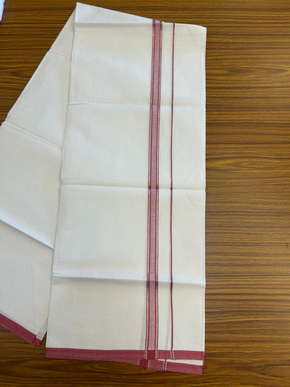 5% Discount!! KaithariKada Balaramapuram 100% Cotton Single Pure White Mundu/Dhoti - 100X80 - 0.75 inch Silver Kasav Pinkish Red Stripes kara 1.90 mtr (4 muzham) - 20 KK5282 PMC