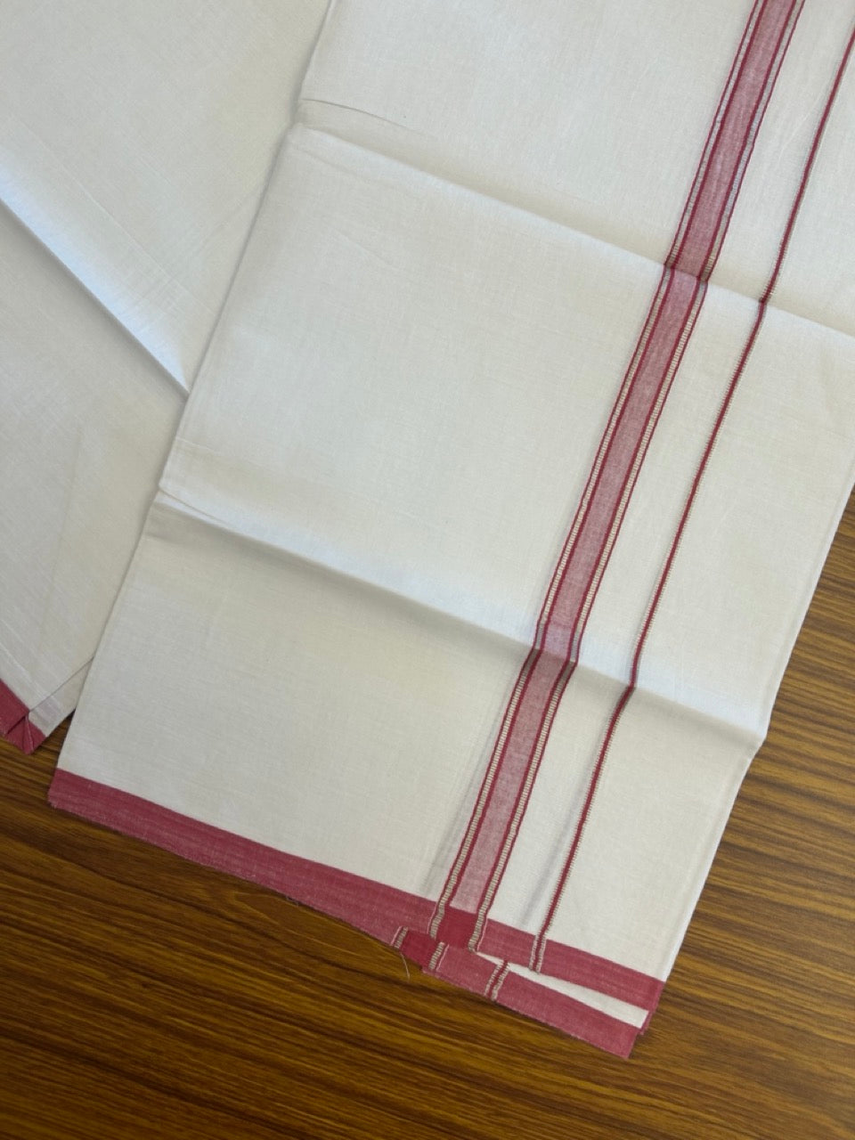 5% Discount!! KaithariKada Balaramapuram 100% Cotton Single Pure White Mundu/Dhoti - 100X80 - 0.75 inch Silver Kasav Pinkish Red Stripes kara 1.90 mtr (4 muzham) - 20 KK5282 PMC