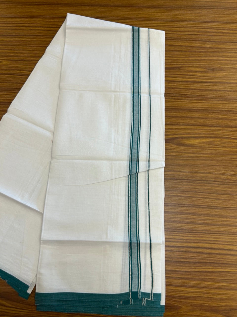 5% Discount!! KaithariKada Balaramapuram 100% Cotton Single Pure White Mundu/Dhoti - 100X80 - 0.75 inch Silver Kasav Green Stripes kara 1.90 mtr (4 muzham) - 19 KK5282 PMC