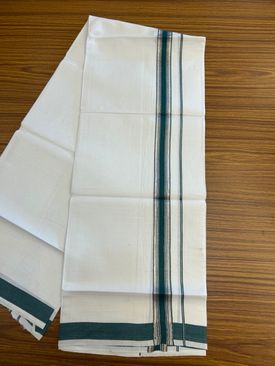 18% Discount!! KaithariKada Balaramapuram 100% Cotton Single Pure White Mundu/Dhoti - 100X80 - 1.25 inch Silver Kasav Dark Green Stripes kara 1.90 mtr (4 muzham) - 16 KK5282 PMC