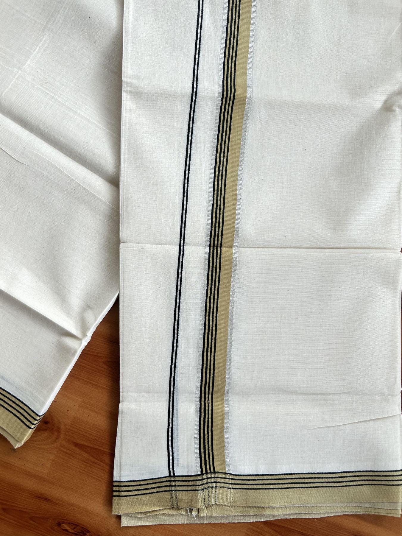 Double Off White Mundu/Dhoti- 20% Discount! KaithariKada Balaramapuram Pure Cotton - 100x80 - 1 inch Silver Kasav & Mustard & Black Striped Kara - 4mtr (8.5muzham) - 3 KK5417 VAS