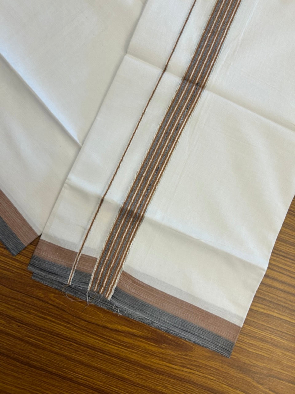 21% Discount!! KaithariKada Balaramapuram 100% Cotton Single Pure White Mundu/Dhoti - 100X80 - 1.25 inch Silver Kasav Black & Brown Stripes kara 1.90 mtr (4 muzham) - 23 KK5282 PMC