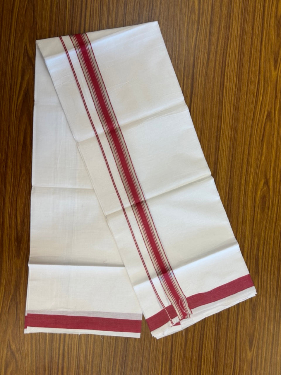 18% Discount!! KaithariKada Balaramapuram 100% Cotton Single Pure White Mundu/Dhoti - 100X80 - 1.25 inch Silver Kasav Reddish Pink Stripes kara 1.90 mtr (4 muzham) - 17 KK5282 PMC