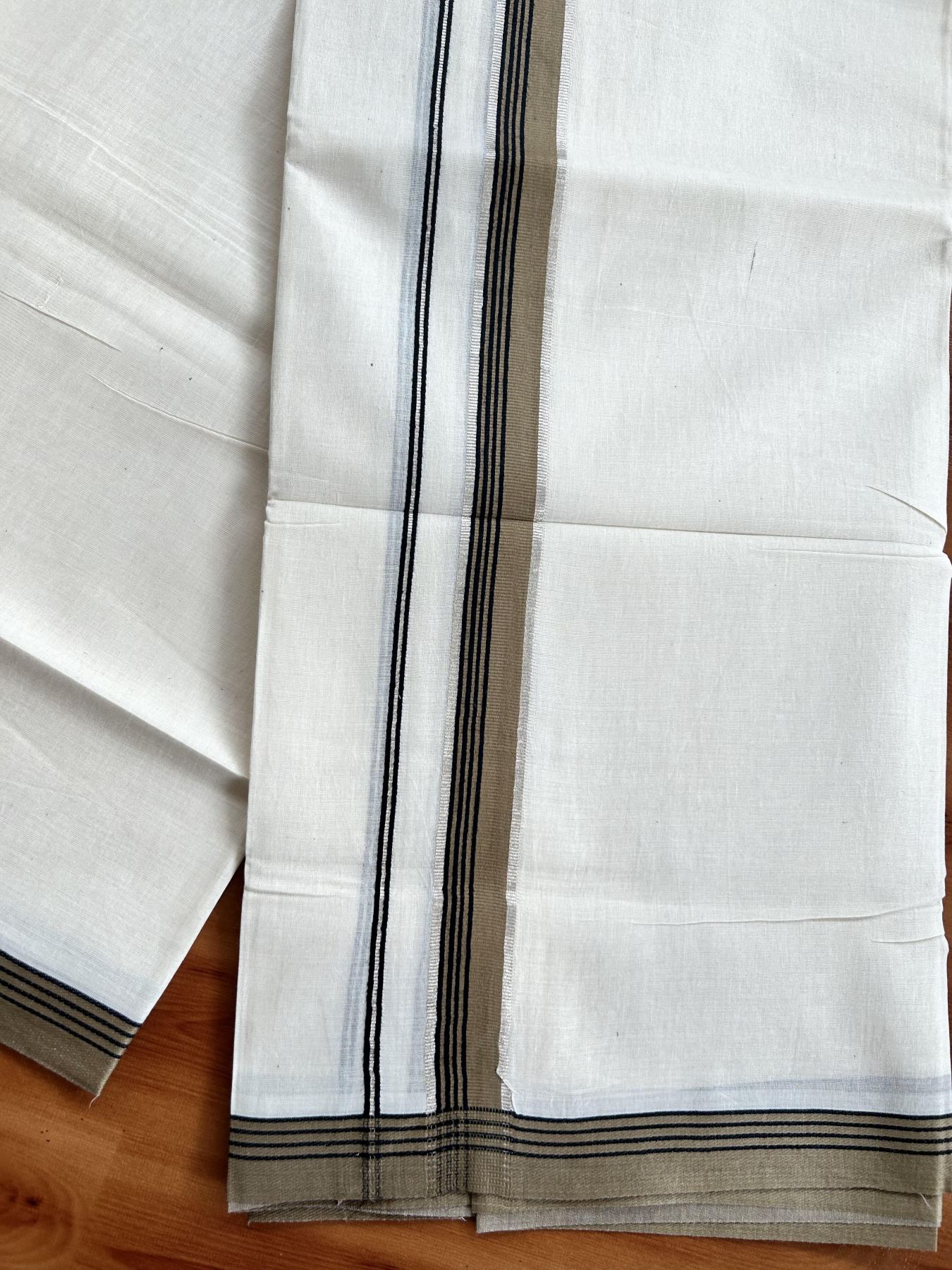 Double Off White Mundu/Dhoti- 20% Discount! KaithariKada Balaramapuram Pure Cotton - 100x80 - 1 inch Silver Kasav & Walnut Brown & Black Striped Kara - 4mtr (8.5muzham) - 4 KK5417 VAS