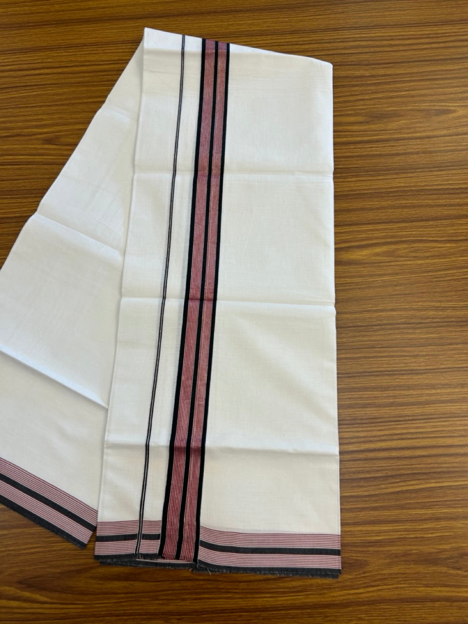 21% Discount!! KaithariKada Balaramapuram 100% Cotton Single Pure White Mundu/Dhoti - 100X80 - 1.5 inch Silver Kasav Black & Maroon Stripes kara 1.90 mtr (4 muzham) - 21 KK5282 PMC