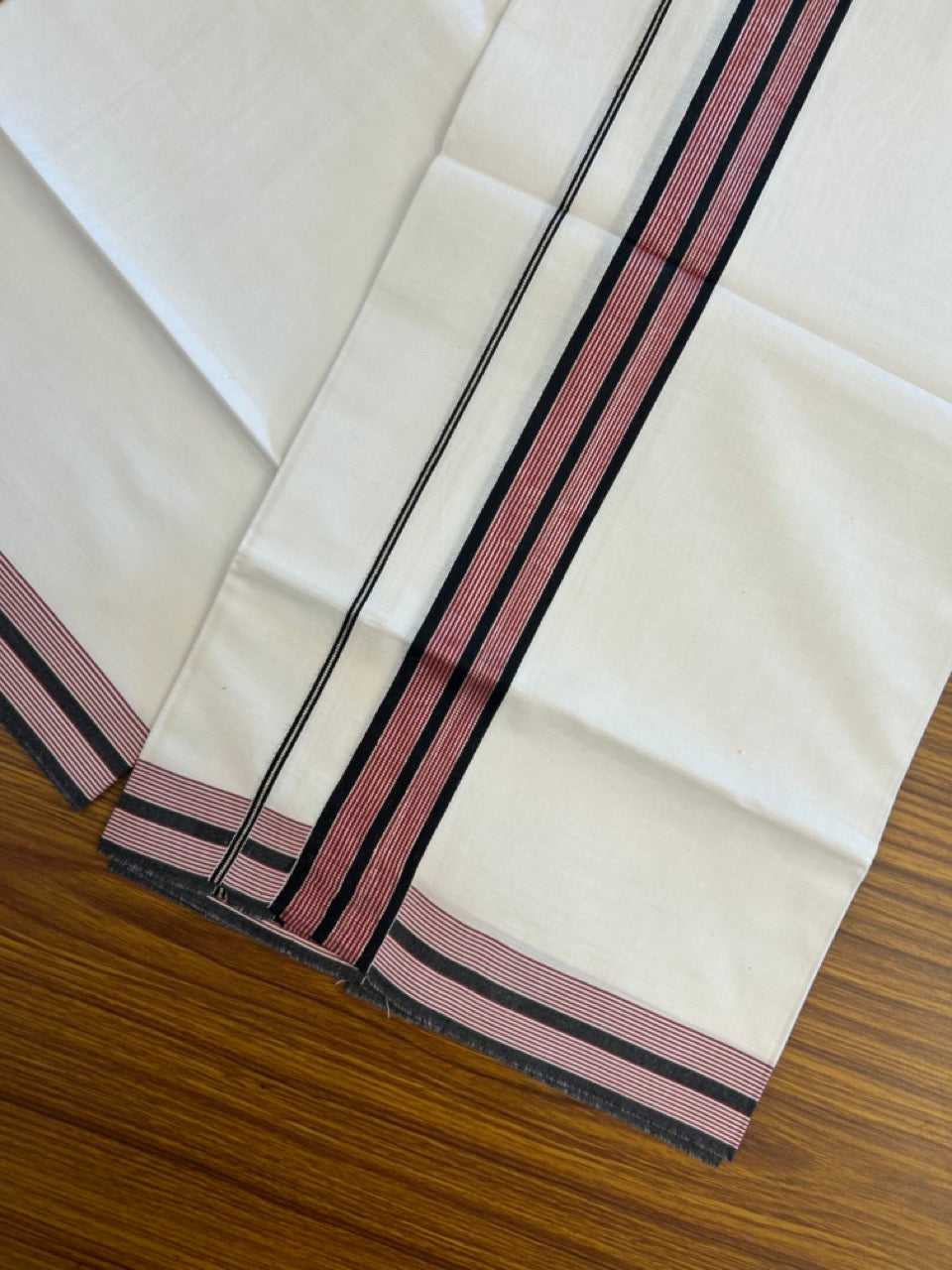 21% Discount!! KaithariKada Balaramapuram 100% Cotton Single Pure White Mundu/Dhoti - 100X80 - 1.5 inch Silver Kasav Black & Maroon Stripes kara 1.90 mtr (4 muzham) - 21 KK5282 PMC