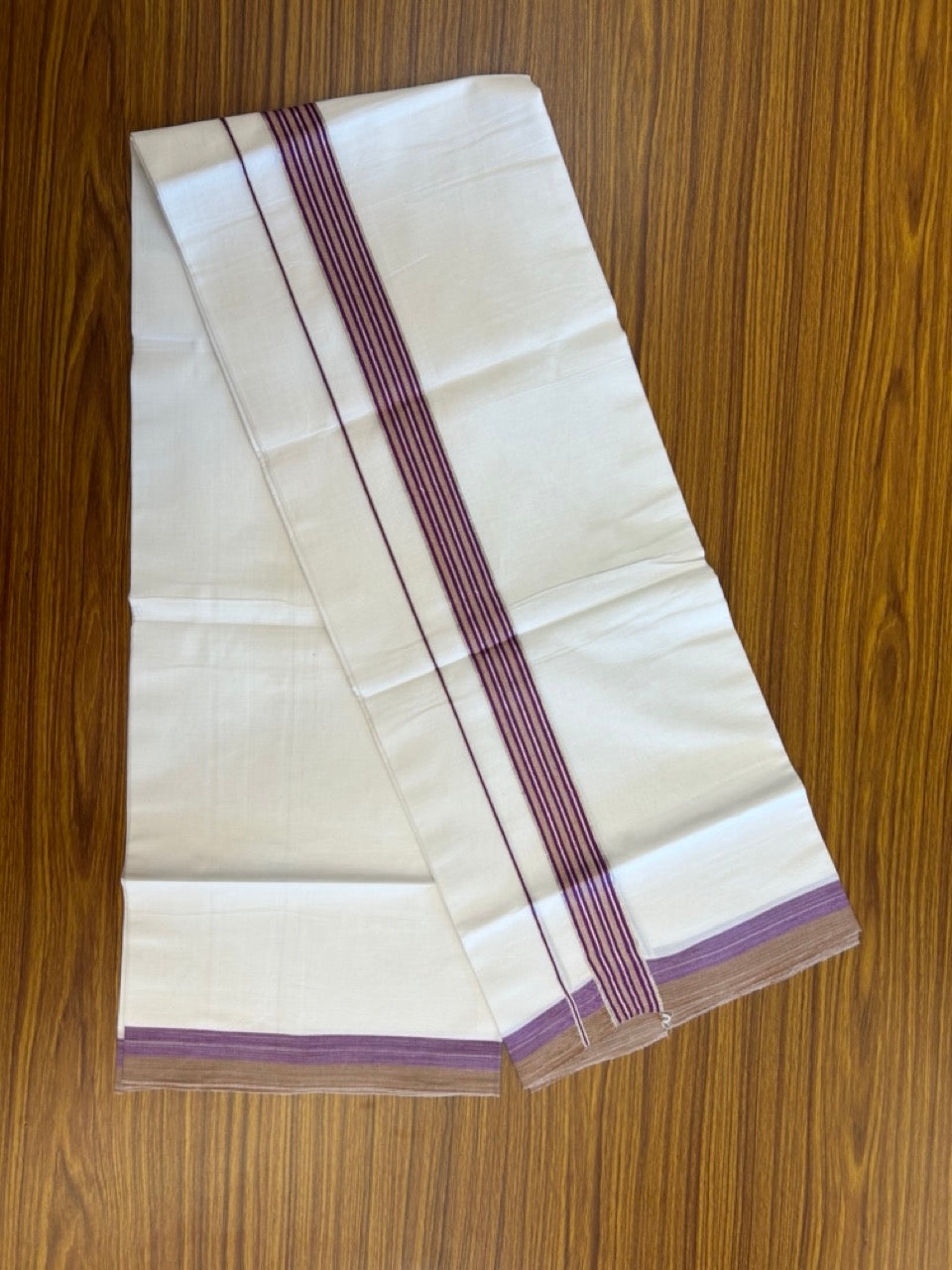 21% Discount!! KaithariKada Balaramapuram 100% Cotton Single Pure White Mundu/Dhoti - 100X80 - 1.25 inch Silver Kasav Purple & Brown Stripes kara 1.90 mtr (4 muzham) - 24 KK5282 PMC