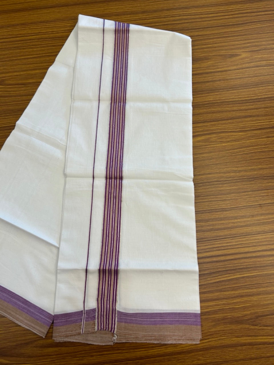 21% Discount!! KaithariKada Balaramapuram 100% Cotton Single Pure White Mundu/Dhoti - 100X80 - 1.25 inch Silver Kasav Purple & Brown Stripes kara 1.90 mtr (4 muzham) - 24 KK5282 PMC
