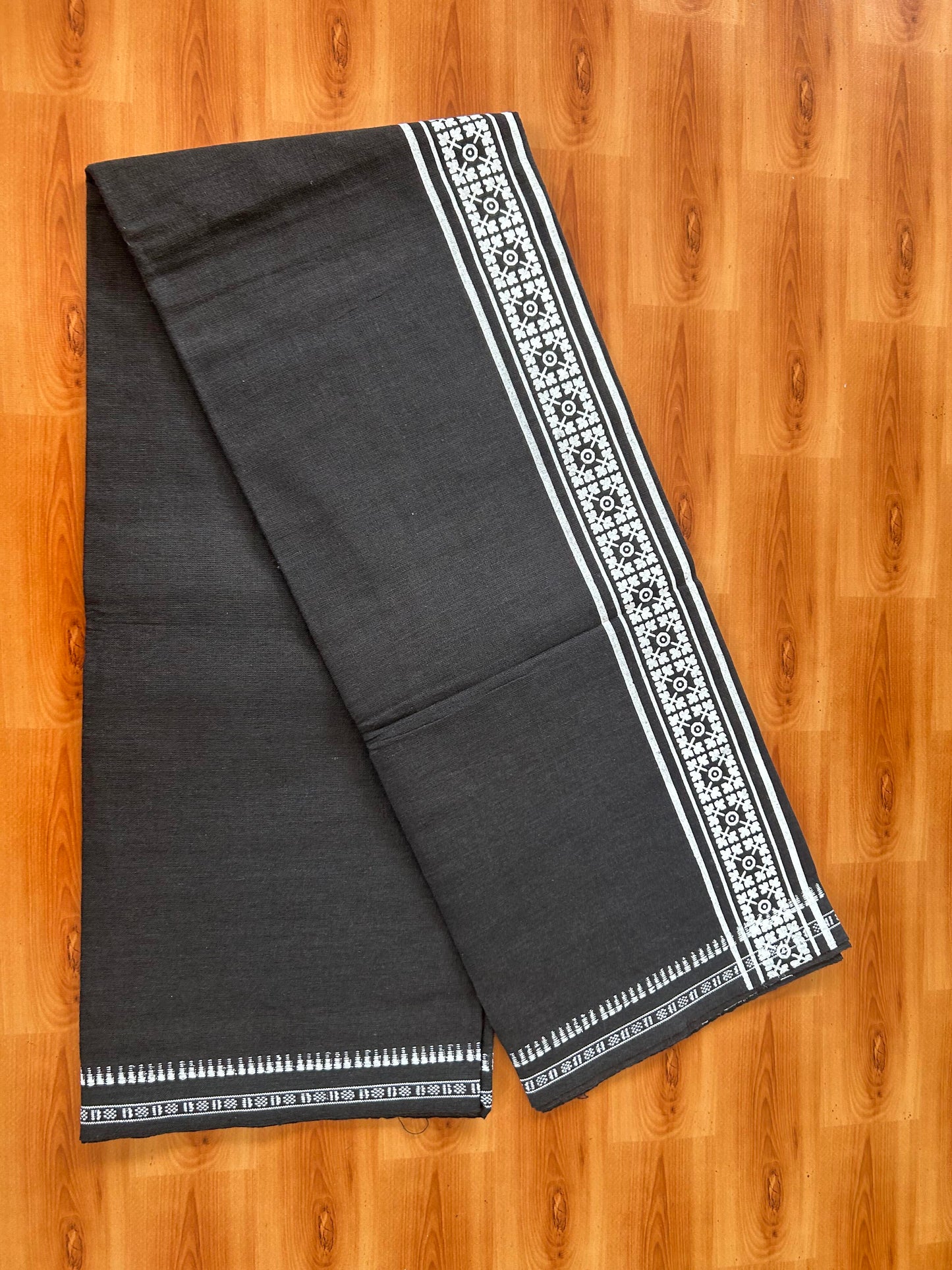 Kaitharikada - Single Kaily / Lungi -Mixed Cotton - 40s twisted - 2.5 inch White Design printed kuppadam kara with Dark Chocolate Brown colour body (2 meter / 4 muzham) - 23 KK8054 GAN