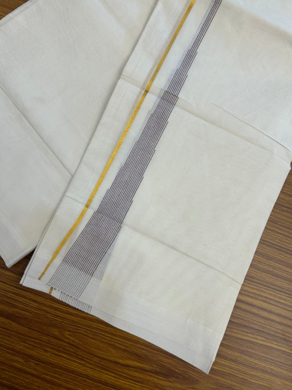 20% Discount ! Kaitharikada Balaramapuram 100% Pure Cotton Double Off white (Unbleached) Mundu/Dhoti - 100x80 - 1.5 inch Gold Kasav & Pastel Maroon Shaded Stripes Chutty Kara - 18 KK5283 PMC