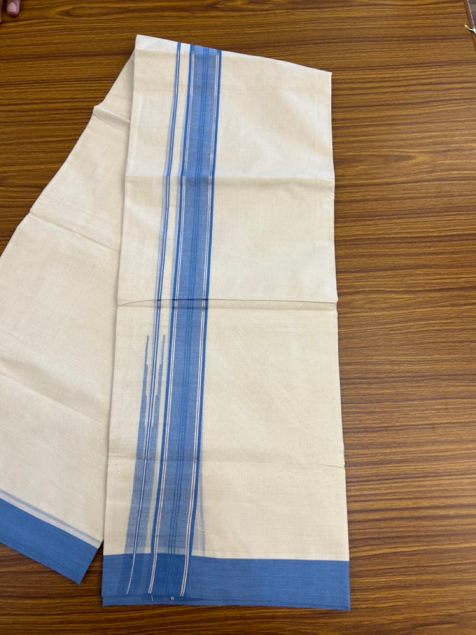 20% Discount! KaithariKada Balaramapuram 100% Cotton Double off white (Unbleached) Mundu/Dhoti - 100X80 - 1.5 inch Silver kasavu & Sky blue shaded striped chutty - 4 mtr (8.5 Muzham) - 37 KK5283 PMC