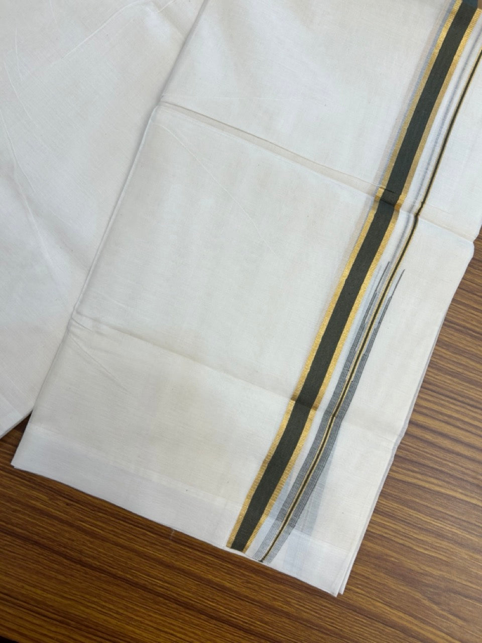 20% Discount ! Kaitharikada Balaramapuram 100% Pure Cotton Double Off white (Unbleached) Mundu/Dhoti - 100x80 - 0.75 inch Gold Kasav & Dark Olive Green Shaded Chutty Kara - 22 KK5283 PMC