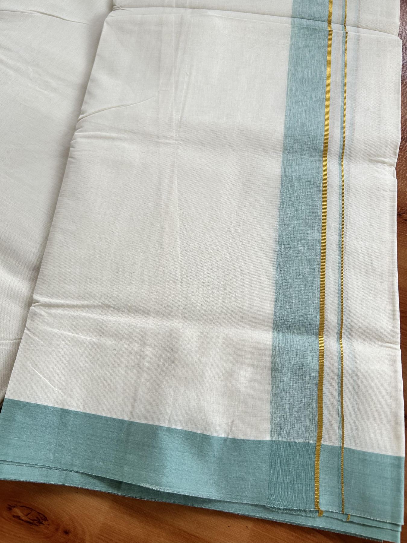 Double Off White (Unbleached) Mundu/Dhoti - 20% Discount! Kaitharikada Pure Cotton - 80x80 - 1.25 Inch Gold Kasav & Mint Green Shaded Kara 4 mtr (8.5 muzham) - 15 KK5465 MRH
