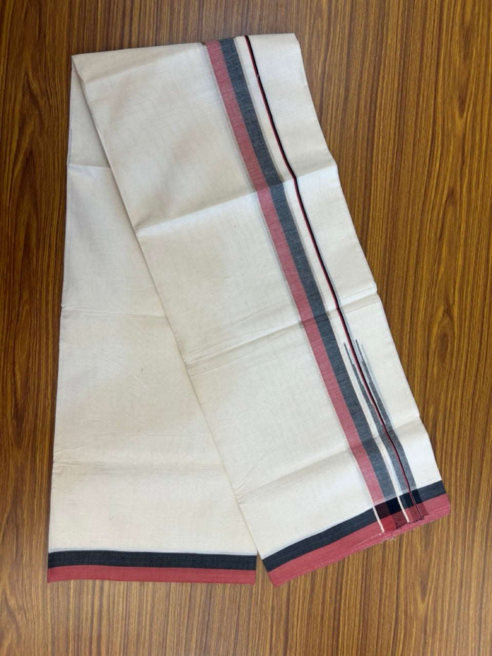20% Discount ! Kaitharikada Balaramapuram 100% Pure Cotton Double Off white (Unbleached) Mundu/Dhoti - 100x80 - 1.5 inch Silver Kasav Black & Maroon Shaded Stripes Chutty Kara 4 mtr (8.5 muzham) - 31 KK5283 PMC