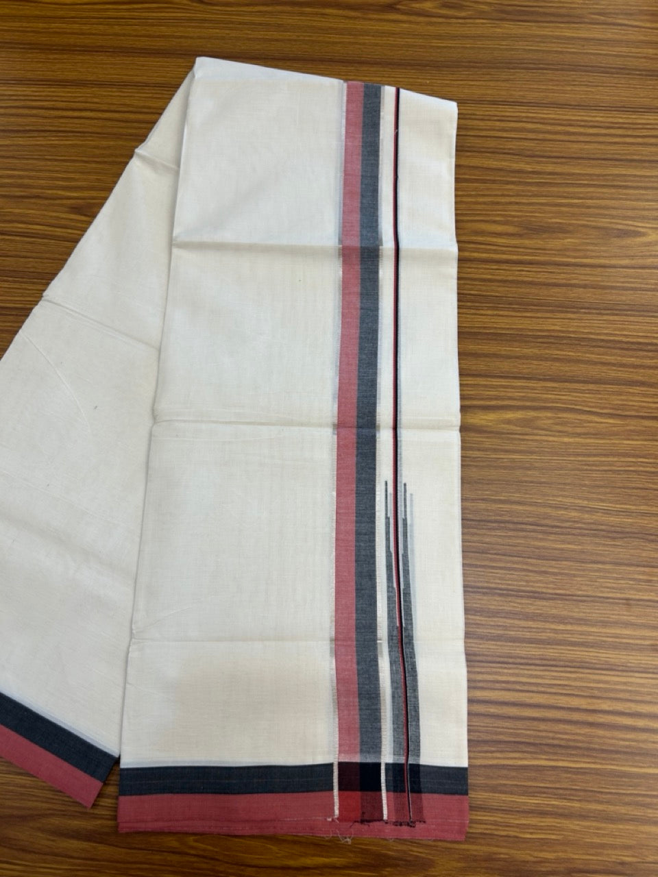 20% Discount ! Kaitharikada Balaramapuram 100% Pure Cotton Double Off white (Unbleached) Mundu/Dhoti - 100x80 - 1.5 inch Silver Kasav Black & Maroon Shaded Stripes Chutty Kara 4 mtr (8.5 muzham) - 31 KK5283 PMC
