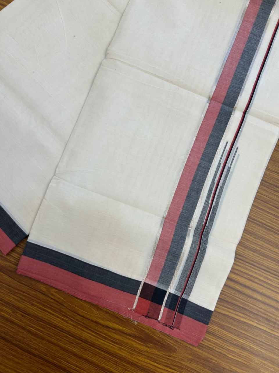20% Discount ! Kaitharikada Balaramapuram 100% Pure Cotton Double Off white (Unbleached) Mundu/Dhoti - 100x80 - 1.5 inch Silver Kasav Black & Maroon Shaded Stripes Chutty Kara 4 mtr (8.5 muzham) - 31 KK5283 PMC
