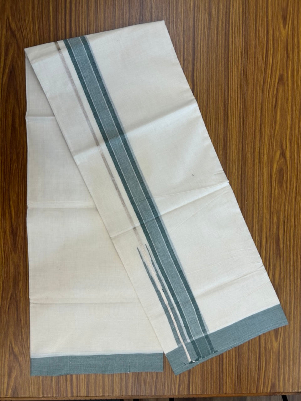20% Discount ! Kaitharikada Balaramapuram 100% Pure Cotton Double Off white (Unbleached) Mundu/Dhoti - 100x80 - 1.25 inch Silver Kasav Green Shaded Stripes Chutty Kara 4 mtr (8.5 muzham) - 34 KK5283 PMC