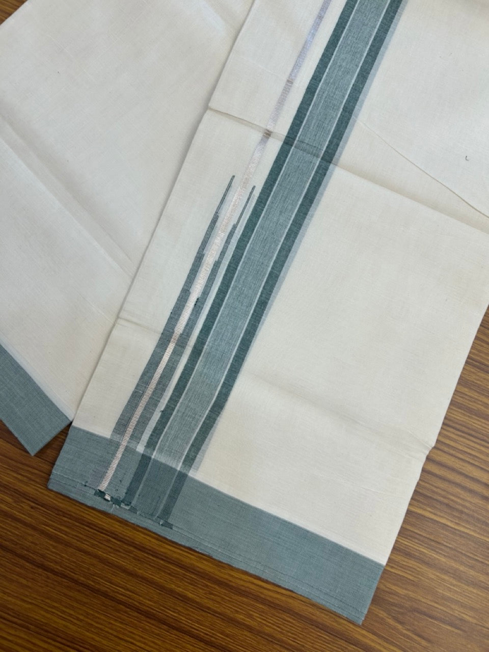 20% Discount ! Kaitharikada Balaramapuram 100% Pure Cotton Double Off white (Unbleached) Mundu/Dhoti - 100x80 - 1.25 inch Silver Kasav Green Shaded Stripes Chutty Kara 4 mtr (8.5 muzham) - 34 KK5283 PMC