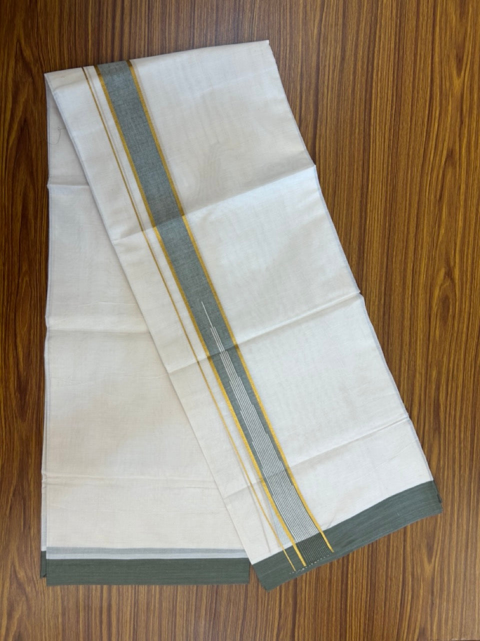 20% Discount ! Kaitharikada Balaramapuram 100% Pure Cotton Double Off white (Unbleached) Mundu/Dhoti - 100x80 - 1.75 inch Gold Kasav Light Olive Green Shaded Stripes Chutty Kara - 14 KK5283 PMC
