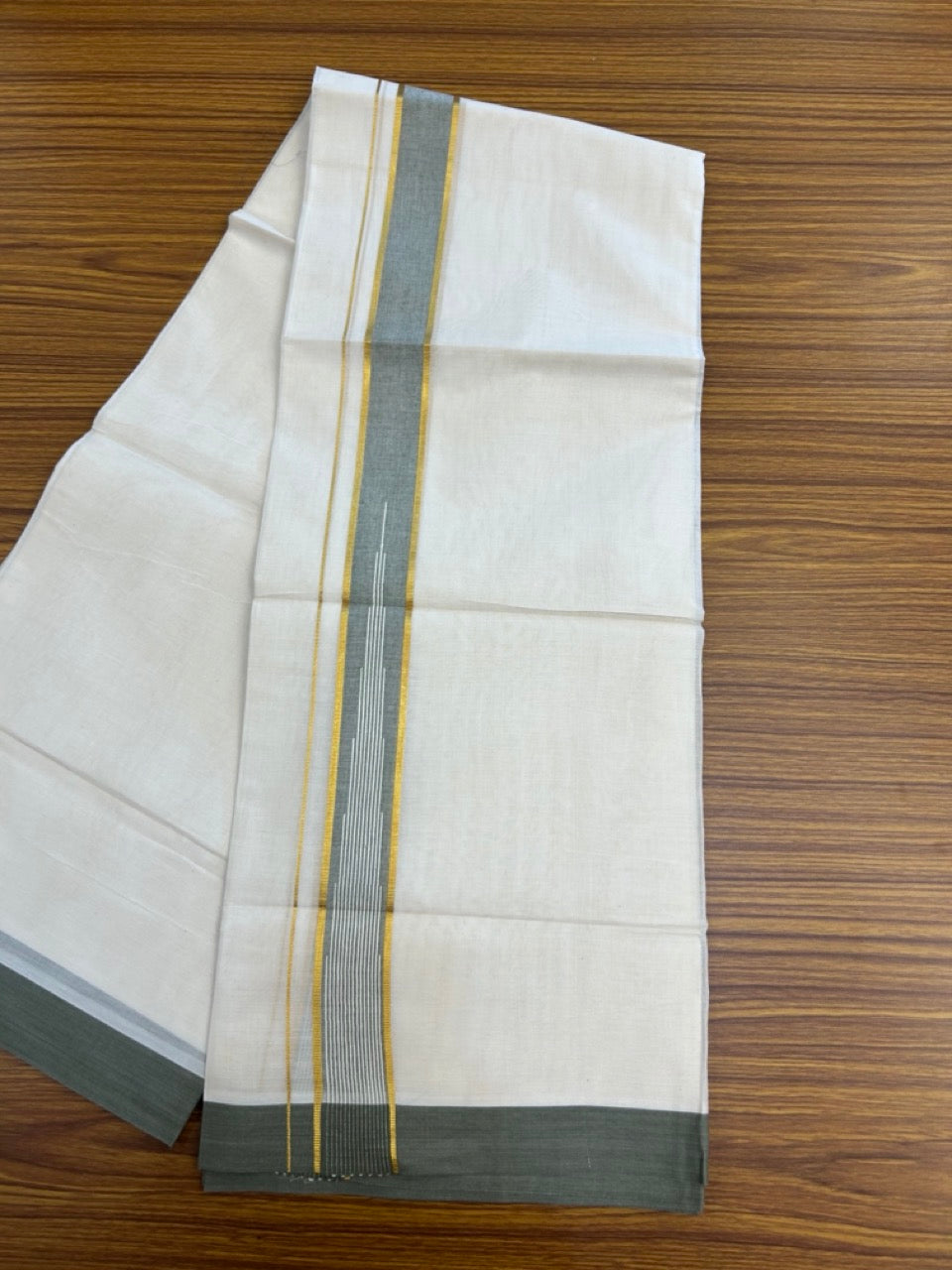 20% Discount ! Kaitharikada Balaramapuram 100% Pure Cotton Double Off white (Unbleached) Mundu/Dhoti - 100x80 - 1.75 inch Gold Kasav Light Olive Green Shaded Stripes Chutty Kara - 14 KK5283 PMC
