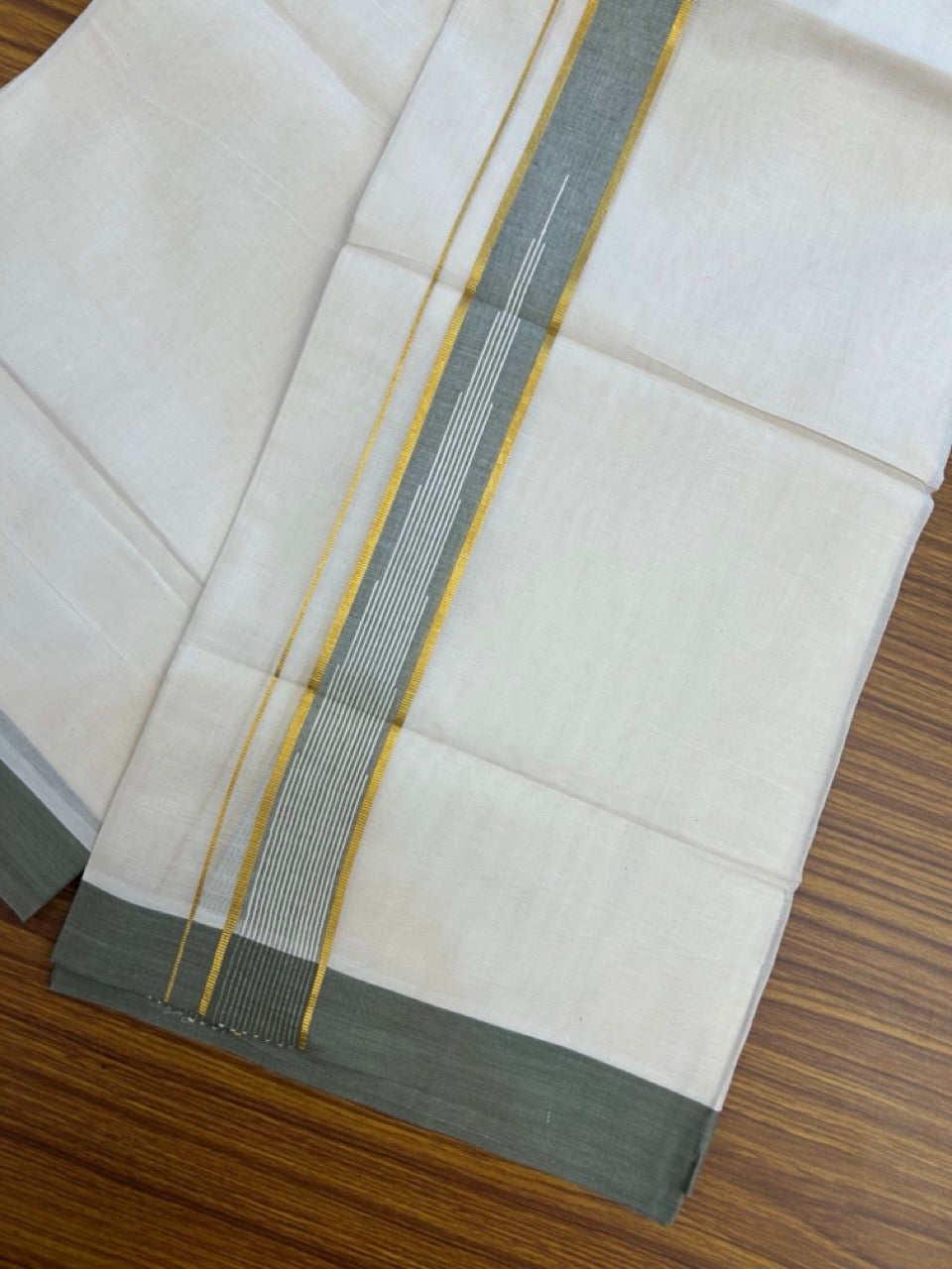 20% Discount ! Kaitharikada Balaramapuram 100% Pure Cotton Double Off white (Unbleached) Mundu/Dhoti - 100x80 - 1.75 inch Gold Kasav Light Olive Green Shaded Stripes Chutty Kara - 14 KK5283 PMC