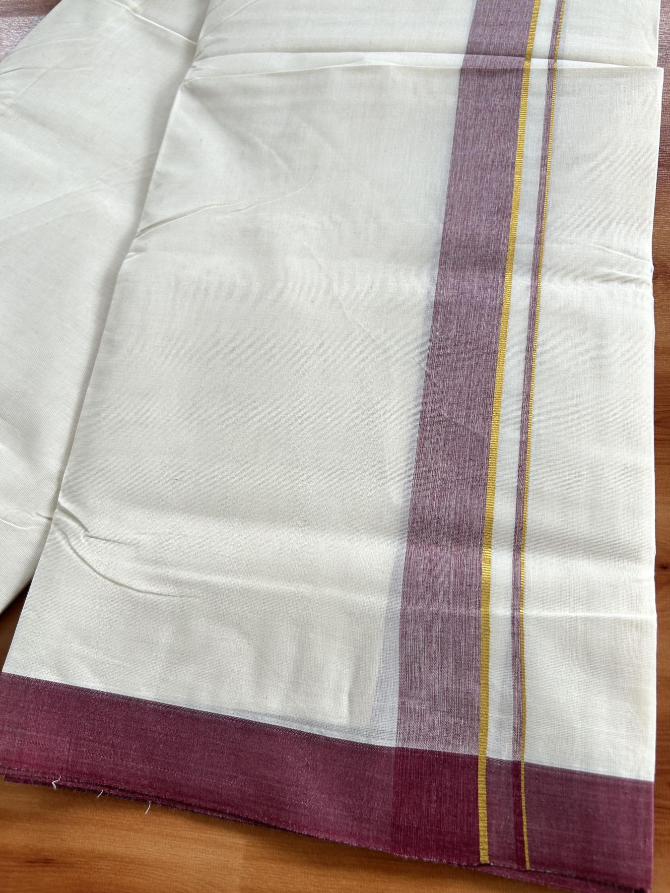 Double Off White (Unbleached) Mundu/Dhoti - 20% Discount! Kaitharikada Pure Cotton - 80x80 - 1.25 Inch Gold Kasav & Maroon Shaded Kara 4 mtr (8.5 muzham) - 16 KK5465 MRH