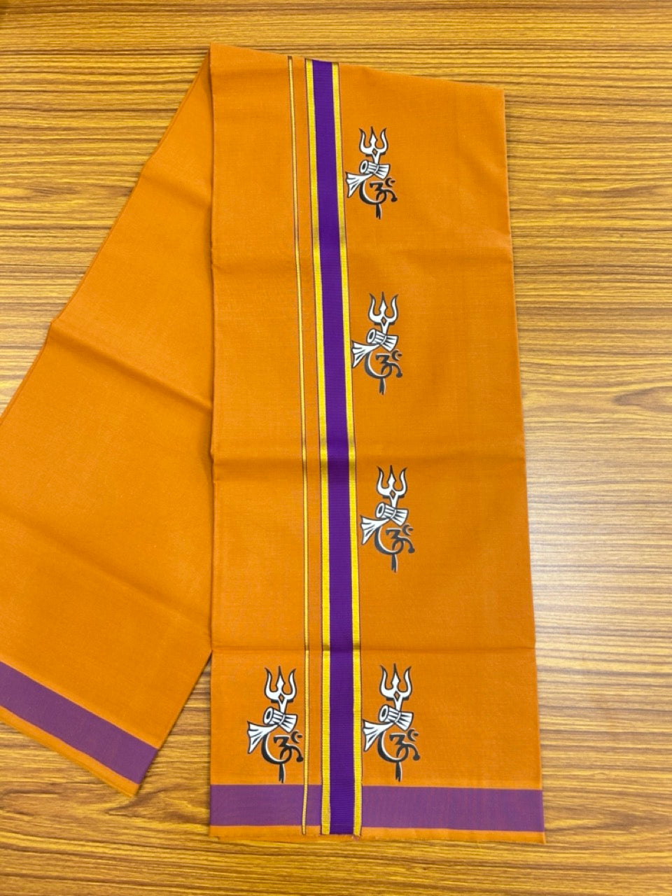 33% Discount !! Kaitharikada - Pure Cotton - Single Kaily / Lungi - (40s) - 1.25 inch Gold Kasav & Purple Printed Trishul Design kara with Dark Kavi colour body (2 meter / 4 muzham) - 1 KK8028 GAN