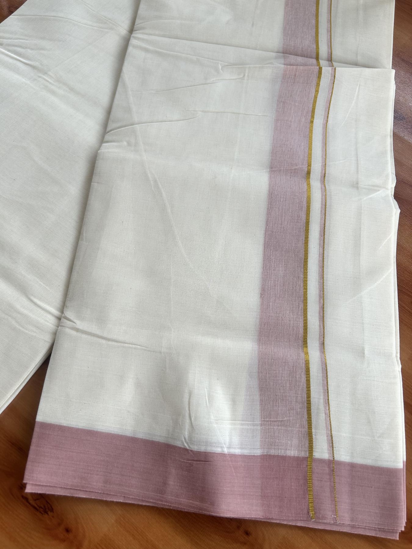 Double Off White (Unbleached) Mundu/Dhoti - 20% Discount! Kaitharikada Pure Cotton - 80x80 - 1.25 Inch Gold Kasav & Dusty Pink Shaded Kara 4 mtr (8.5 muzham) - 17 KK5465 MRH