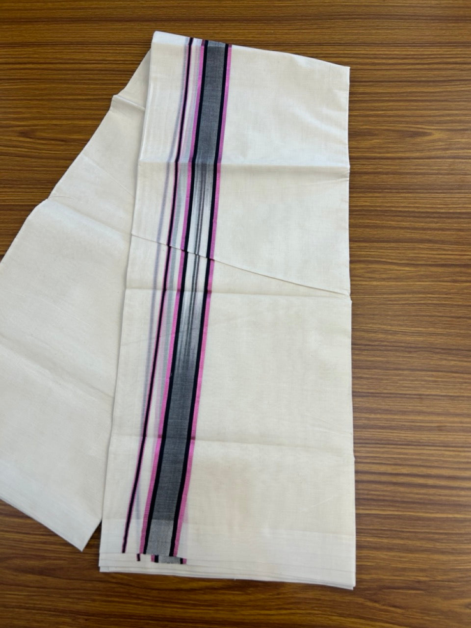 20% DISCOUNT ! KaithariKada Balaramapuram 100% Cotton Double off white (Unbleached) Mundu/Dhoti - 100X80 - 1.5 inch Rose Pink kasavu Black shaded designer kara - 4 mtr (8.5 Muzham) - 36 KK5283 PMC