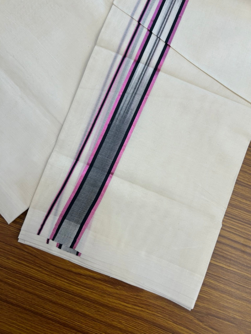 20% DISCOUNT ! KaithariKada Balaramapuram 100% Cotton Double off white (Unbleached) Mundu/Dhoti - 100X80 - 1.5 inch Rose Pink kasavu Black shaded designer kara - 4 mtr (8.5 Muzham) - 36 KK5283 PMC