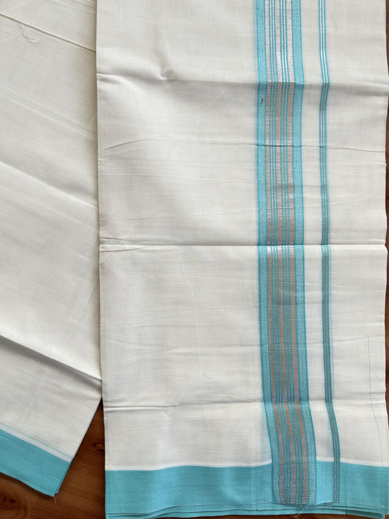 Double Off White Mundu/Dhoti- 20% Discount! KaithariKada Balaramapuram Pure Cotton - 80s - 1.5 inch Silver Kasav & Turquoise Striped Kara - 4mtr (8.5muzham) - 13 KK5417 VAS