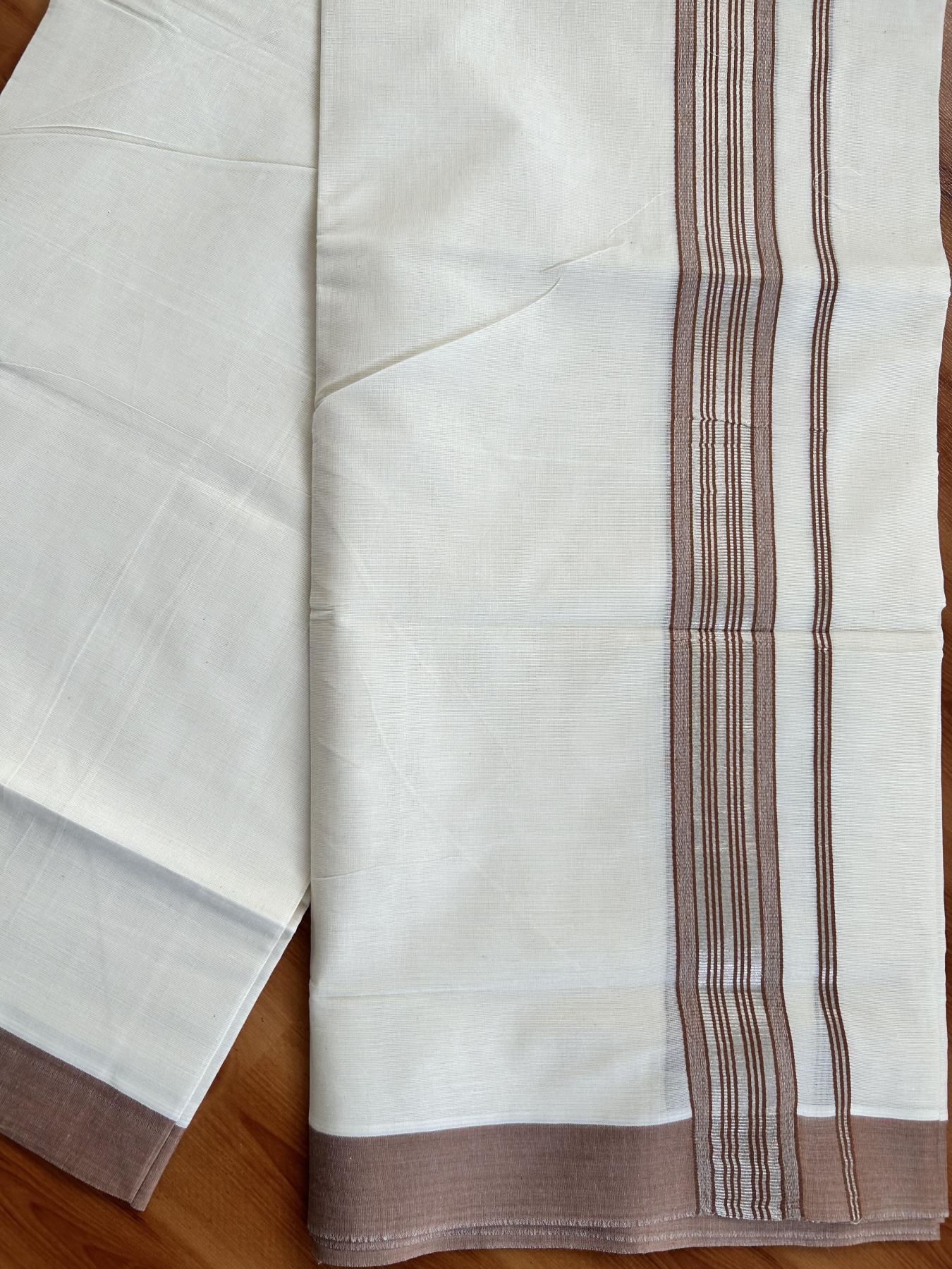 Double Off White Mundu/Dhoti- 20% Discount! KaithariKada Balaramapuram Pure Cotton - 80s - 1.5 inch Silver Kasav & Light Brown Striped Kara - 4mtr (8.5muzham) - 8 KK5417 VAS