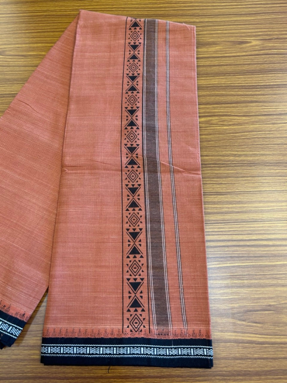 12% Discount!!! Kaitharikada Pure Cotton - Single Kaily / Lungi - 3.25 inch Black printed kuppadam kara with Kavi colour body - 21KK8013AS