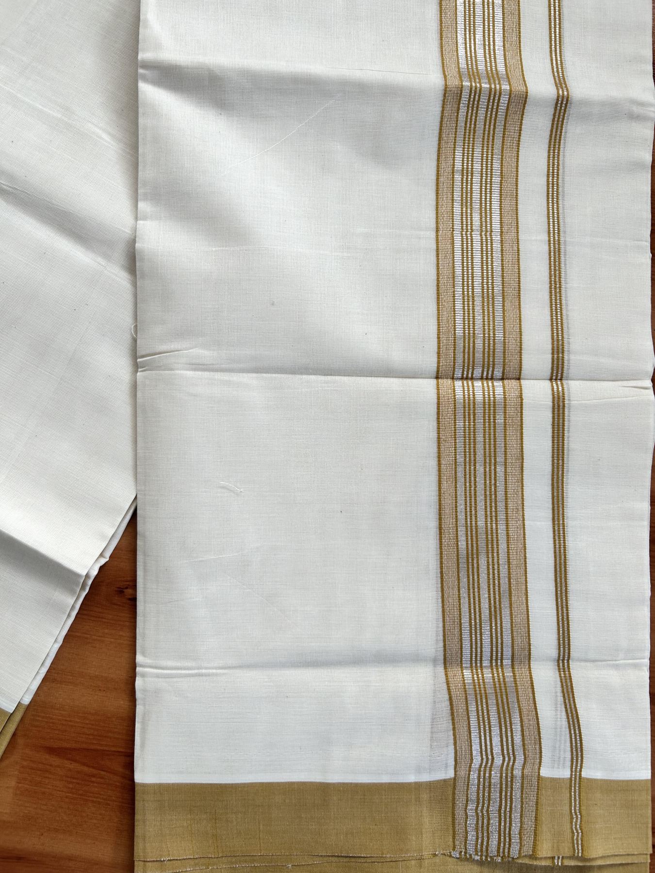 Double Off White Mundu/Dhoti- 20% Discount! KaithariKada Balaramapuram Pure Cotton - 80s - 1.5 inch Silver Kasav & Mustard Striped Kara - 4mtr (8.5muzham) - 7 KK5417 VAS