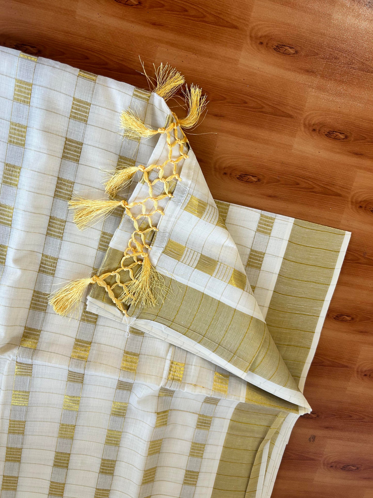 25% Discount! Kaitharikada Kerala Traditional Saree Off white- Mixed Cotton Kasav Saree - Gold Kasav Check Striped Body - 76 KK7000 PMC
