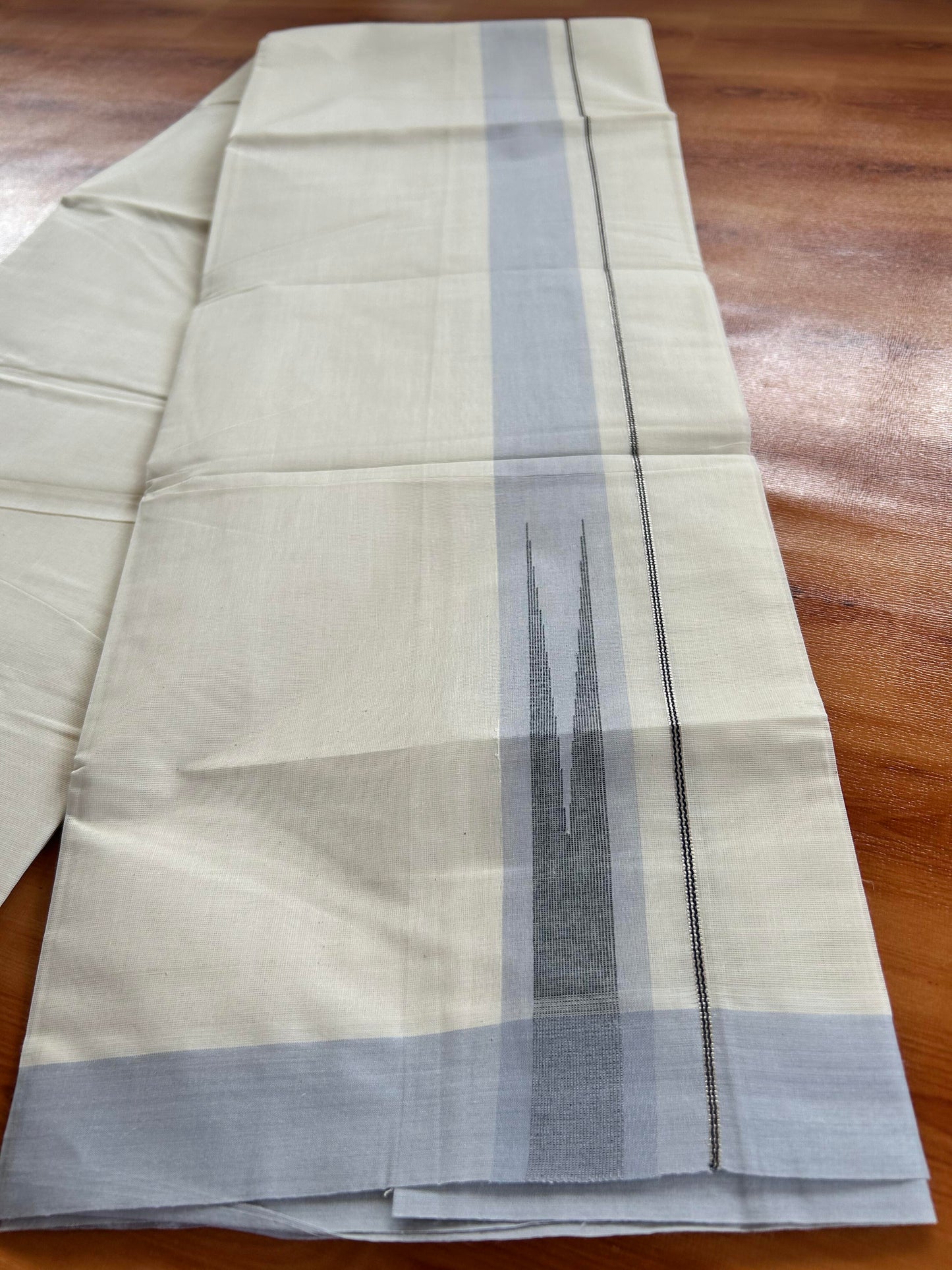 Double off white (Unbleached) Mundu/Dhoti - 20% Discount! KaithariKada Balaramapuram Pure Cotton - 100X80 - 1.5 inch Silver kasavu & Greyish Lavender & Black Shaded striped chutty - 4 mtr (8.5 Muzham) - 12 KK5428 VAS