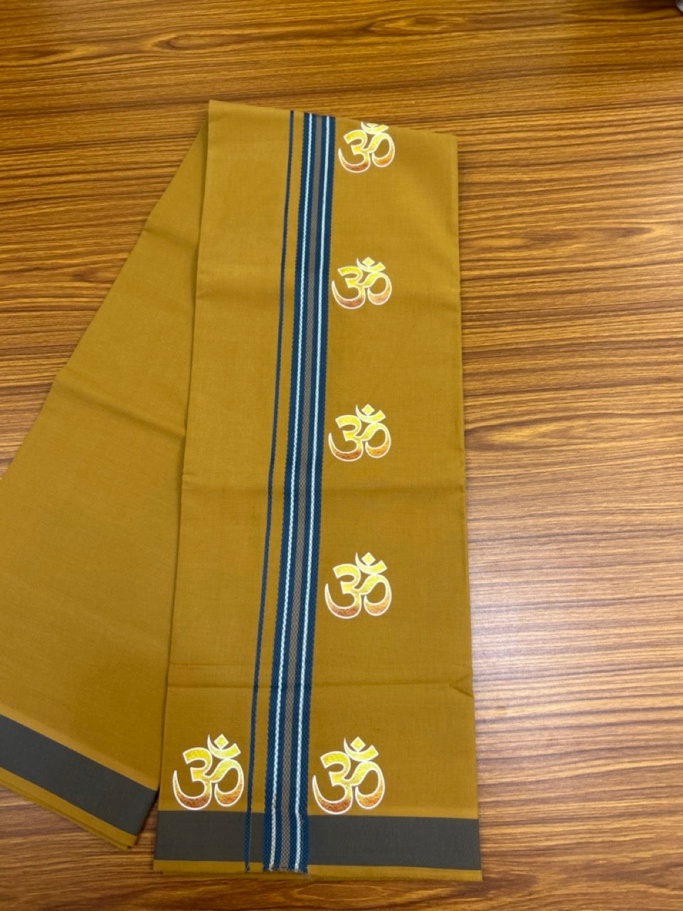 34% Discount ! Kaitharikada Pure Cotton - Single Kaily / Lungi -(40s)- 1.25 inch Blue Striped Ohm Printed Design kara with Khaki colour body (2 meter / 4 muzham) - 60KK8028 GAN