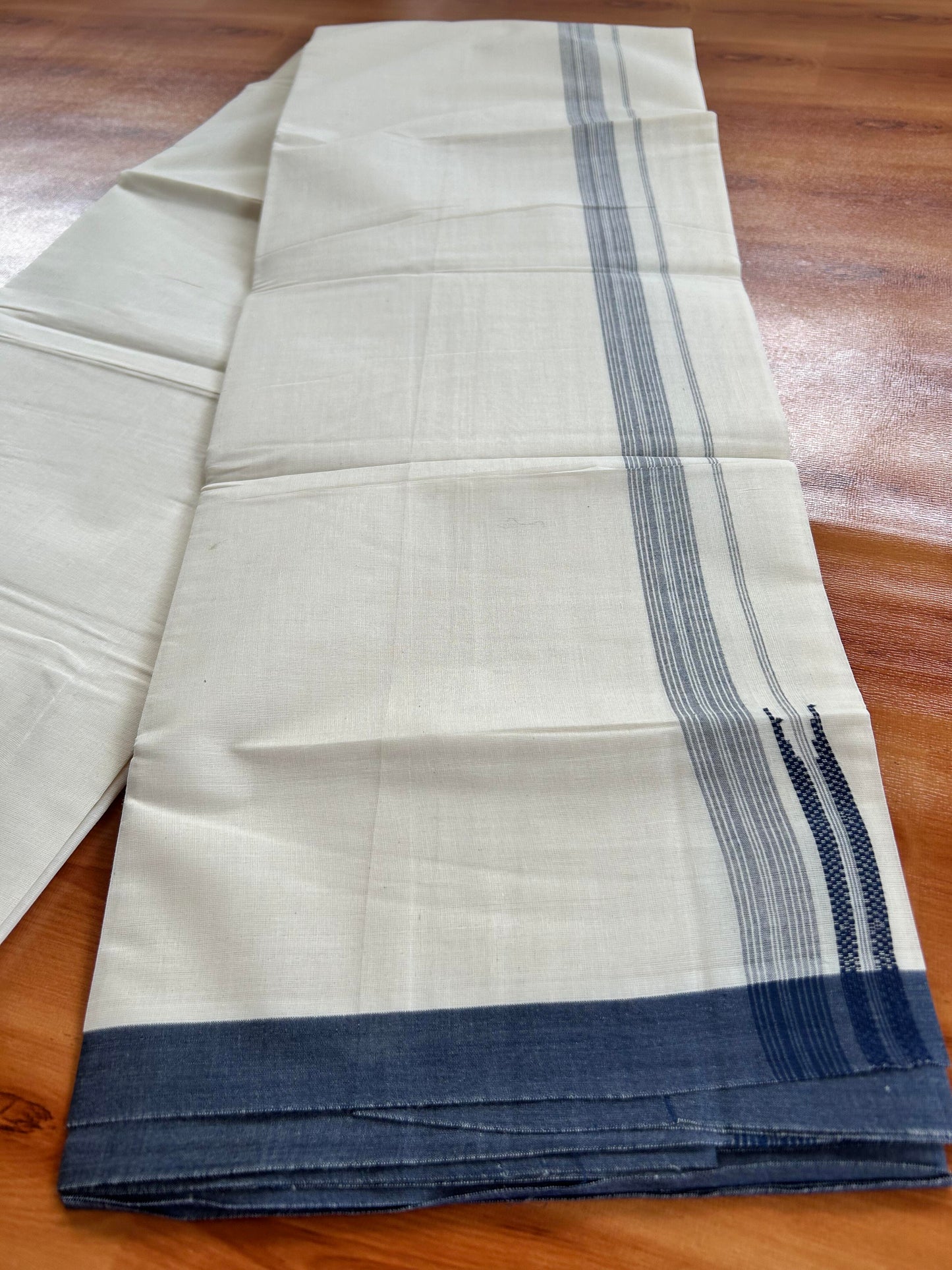 Double Off White - (Unbleached) - Mundu / Dhoti- 20% Discount ! KaithariKada Balaramapuram 100% Cotton - 100x80 - 1.5 inch Navy Blue Shaded Striped Chutty - 15 KK5428 VAS