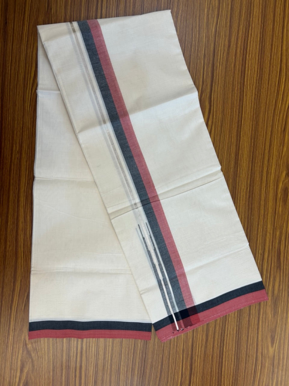 20% Discount ! Kaitharikada Balaramapuram 100% Pure Cotton Double Off white (Unbleached) Mundu/Dhoti - 100x80 - 1.5 inch Silver Kasav Black & Maroon Shaded Stripes Chutty Kara 4 mtr (8.5 muzham) - 32 KK5283 PMC