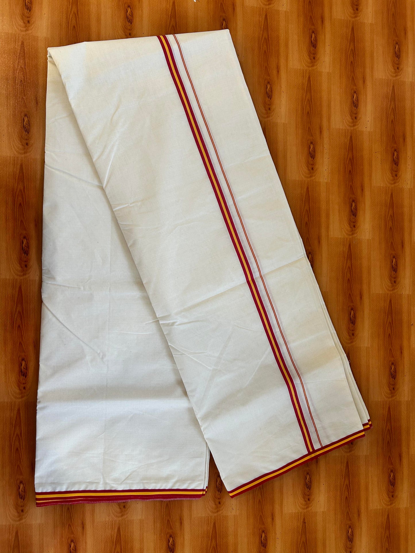 Tvk Veshti Double Off white - 28% Discount! KaithariKada 100% Un-Bleached Mercerised Cotton Double Mundu/Dhoti - 100x100 - 0.5 inch Dark Red & Yellow Kara - 4 mtr ( 8.5 muzham) - 1 KK5466 KBF