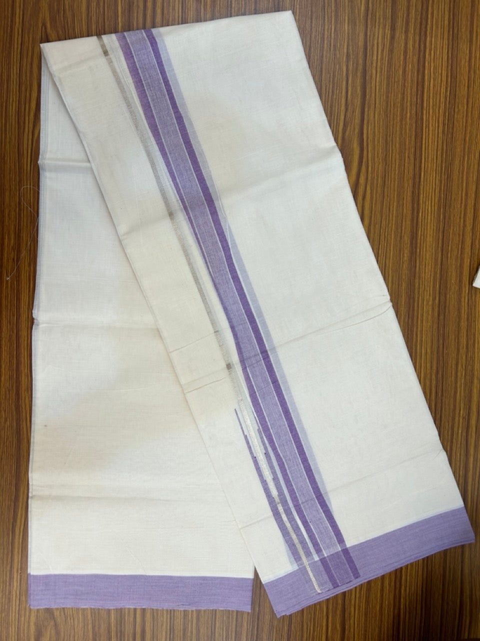20% Discount ! Kaitharikada Balaramapuram 100% Pure Cotton Double Off white (Unbleached) Mundu/Dhoti - 100x80 - 1.25 inch Silver Kasav Lavender Shaded Stripes Chutty Kara 4 mtr (8.5 muzham) - 35 KK5283 PMC