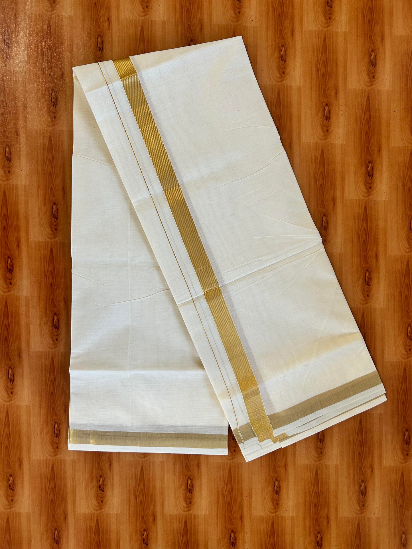 Double Off White (Unbleached) Mundu/Dothi- 20% Discount! Kaitharikada Pure Cotton - 60s - 1 inch Gold Kasav Kara 4 mtr (8.5 muzham) - 14 KK5463 PMC