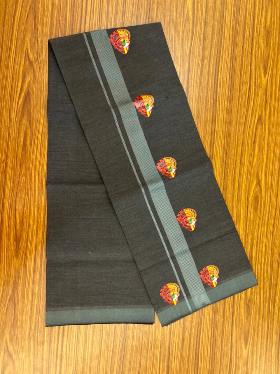 22% Discount! Kaitharikada Pure Cotton - Single Kaily / Lungi - (40s) - 1.25 inch Greyish Teal striped Theyyam Kadhakali Printed Design kara with Black shaded colour body (2 meter / 4 muzham) - 19 KK8028 GAN