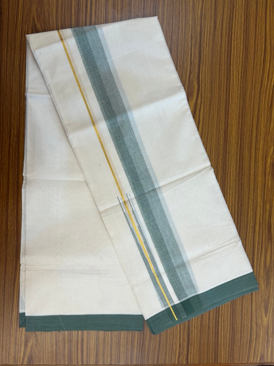 20% Discount ! Kaitharikada Balaramapuram 100% Pure Cotton Double Off white (Unbleached) Mundu/Dhoti - 100x80 - 1.75 inch Gold Kasav Sage Green Shaded Stripes Chutty Kara - 15 KK5283 PMC